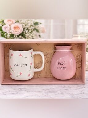 NEW Rae Dunn Mama Floral Mug & Best Mom Pink Vase Set Gift Box Mother’s Day